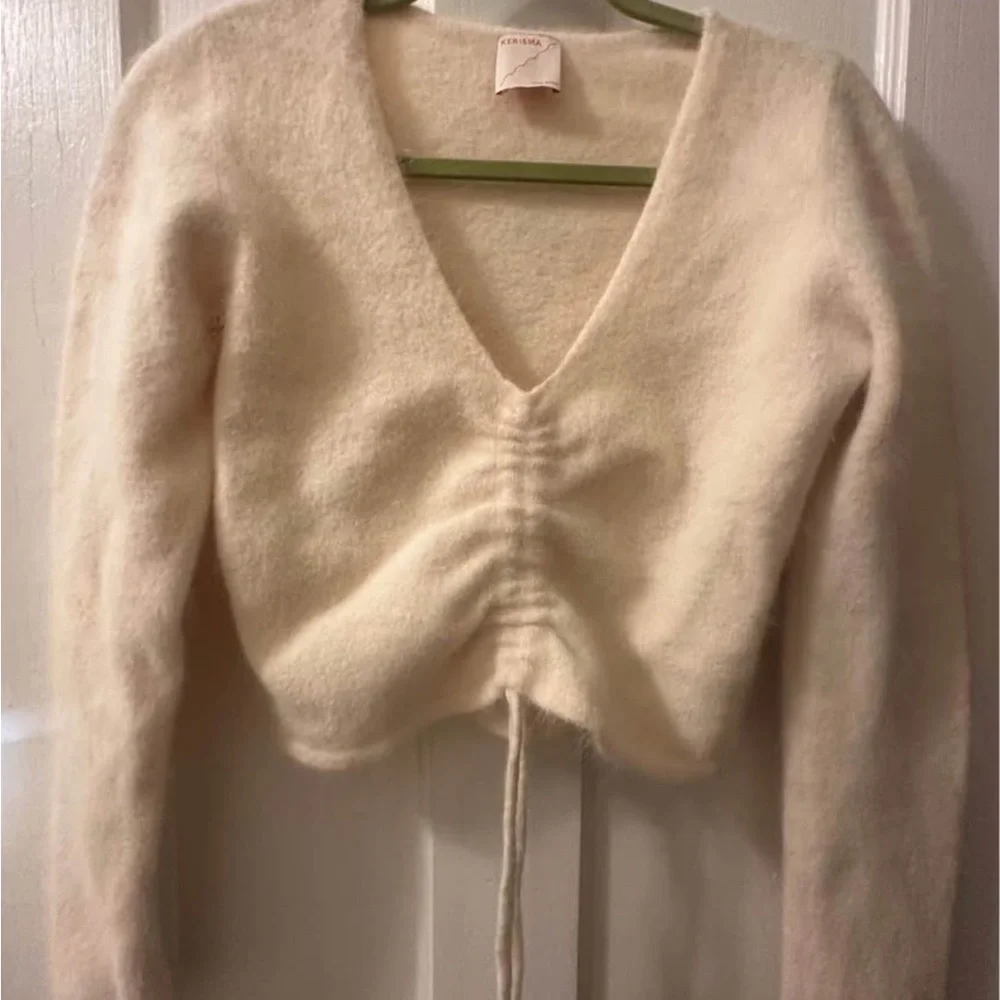 Cream V-Neck Ruched Sweater - Picture 1 of 2